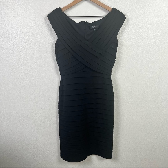 Tadashi Shoji black v neck cocktail midi dress with ruffles - Picture 1 of 8